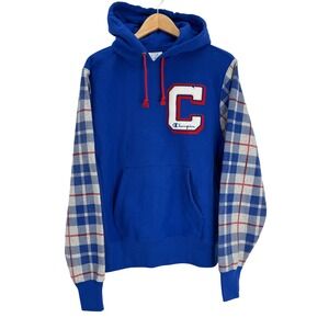 Champion Reverse Weave Blue Plaid Sleeve Hoodie Sweatshirt Men Medium